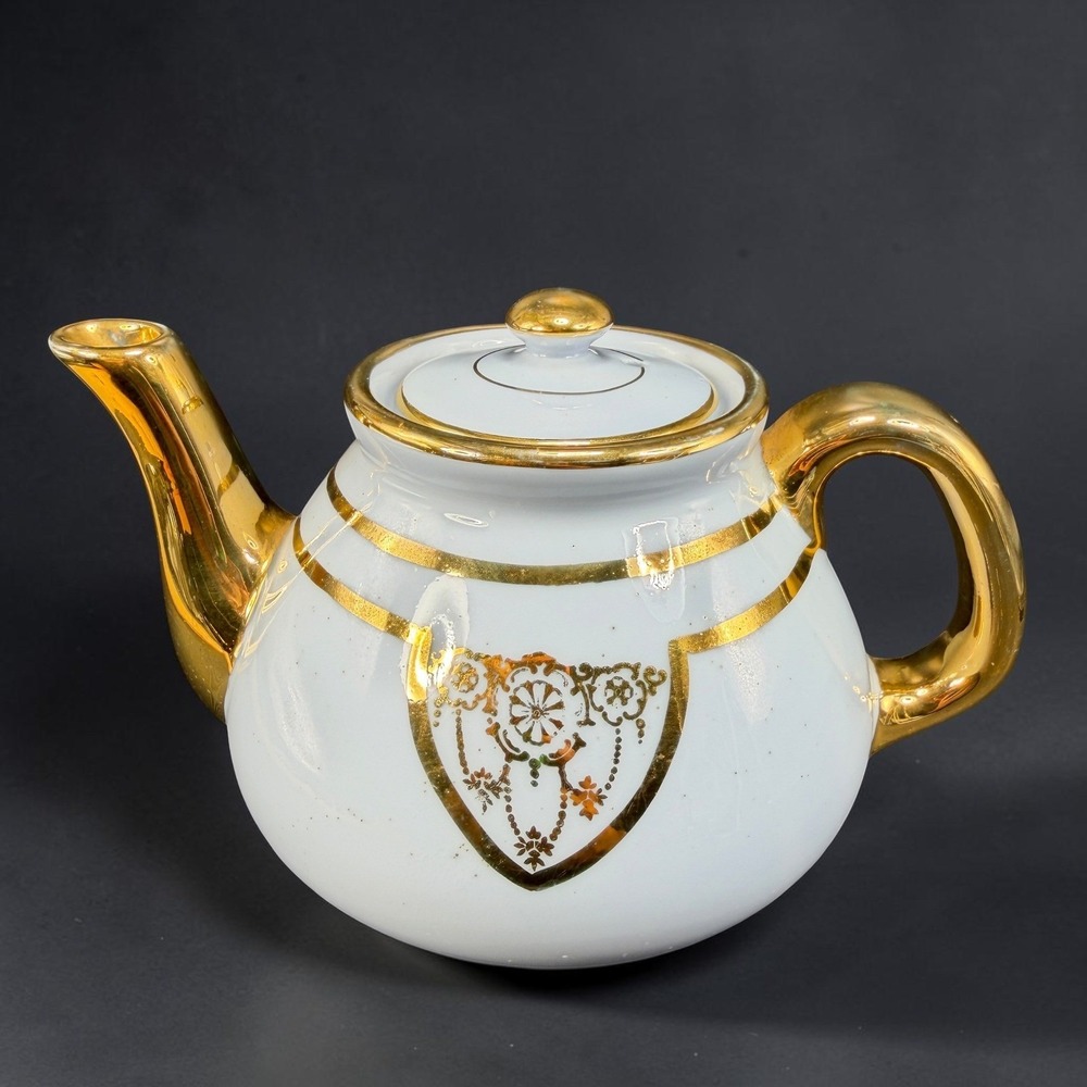Vintage Fraunfelter China Teapot Jug White Gold Gilt Medallion Ohio Porcelain